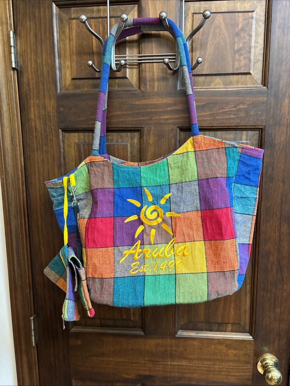 Aruba Embroidered Sun Patchwork Tote Bag Beach Travel Multicolor Carryall Womens